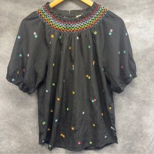 Savannah Jane Black Floral Embroidered Shirt Size Small Short Sleeves